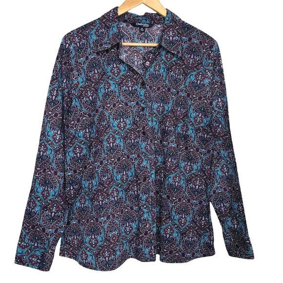 Chadwicks Paisley Long Sleeve Button Down Blouse Size 18 Teal Purple Stretch - Picture 1 of 11
